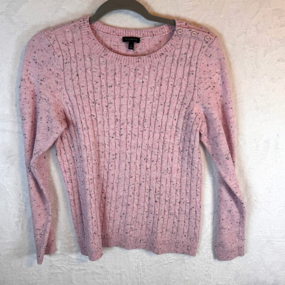 Talbots Sweater Cable Knit Shoulder Buttons Small Pink Womens
